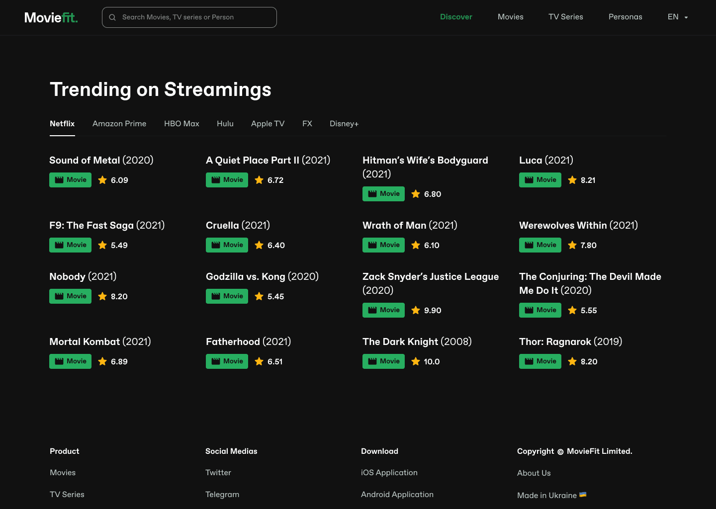 MovieFit web application — trending on streaming services