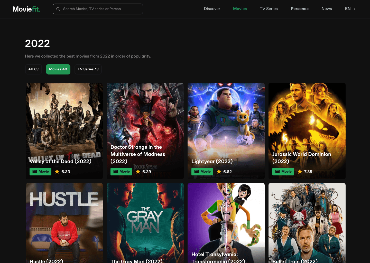 MovieFit web application — movies by year (2022)