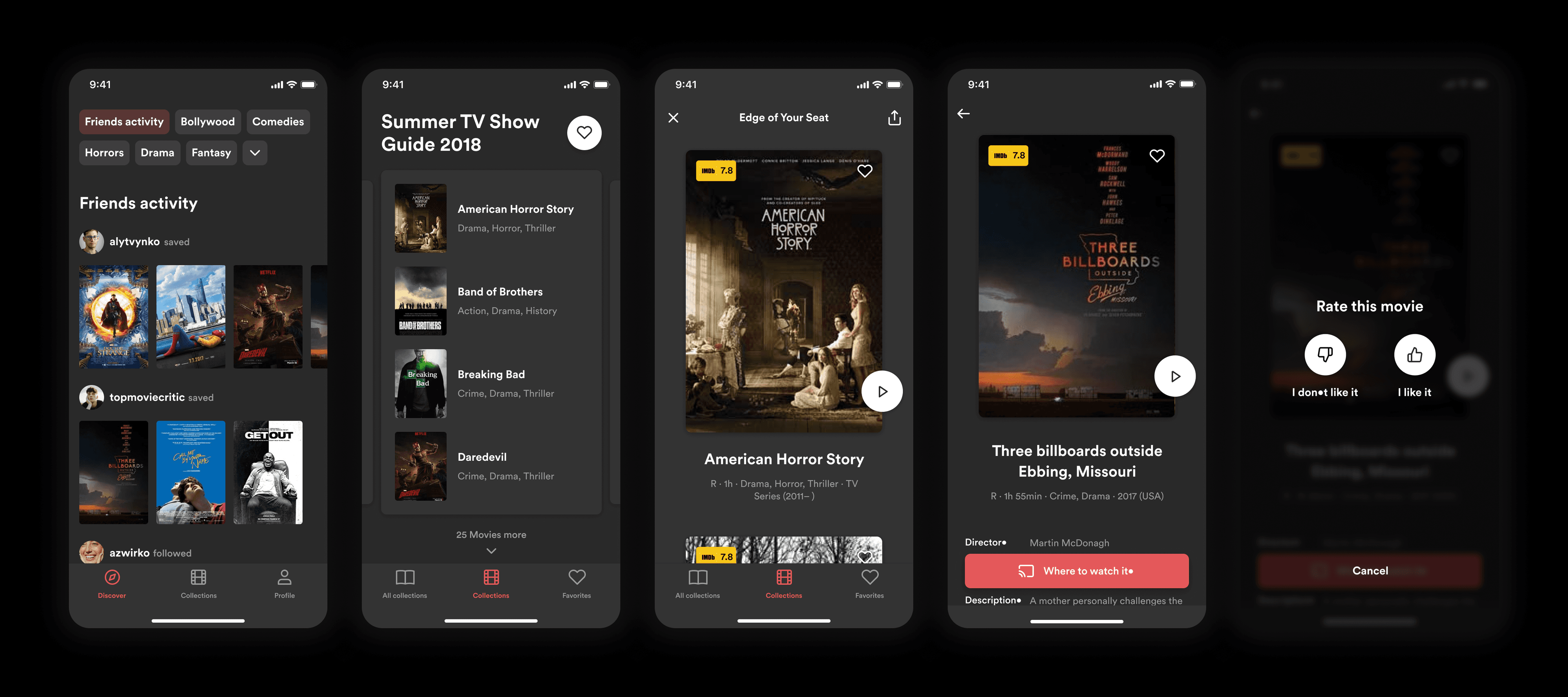 First version of the MovieFit iOS app — discover, collections, profile, and movie detail screens