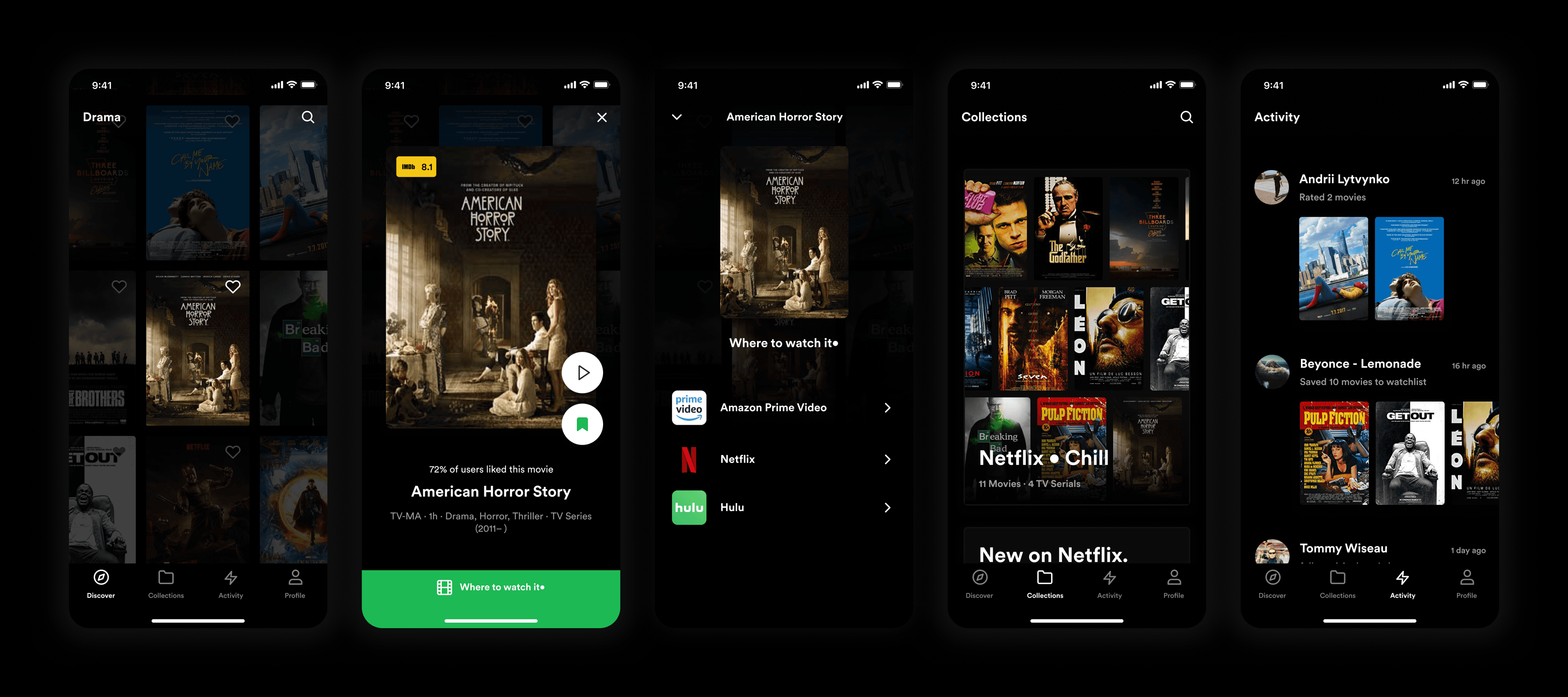 MovieFit app — discover, featured collections, title details, and activity screens