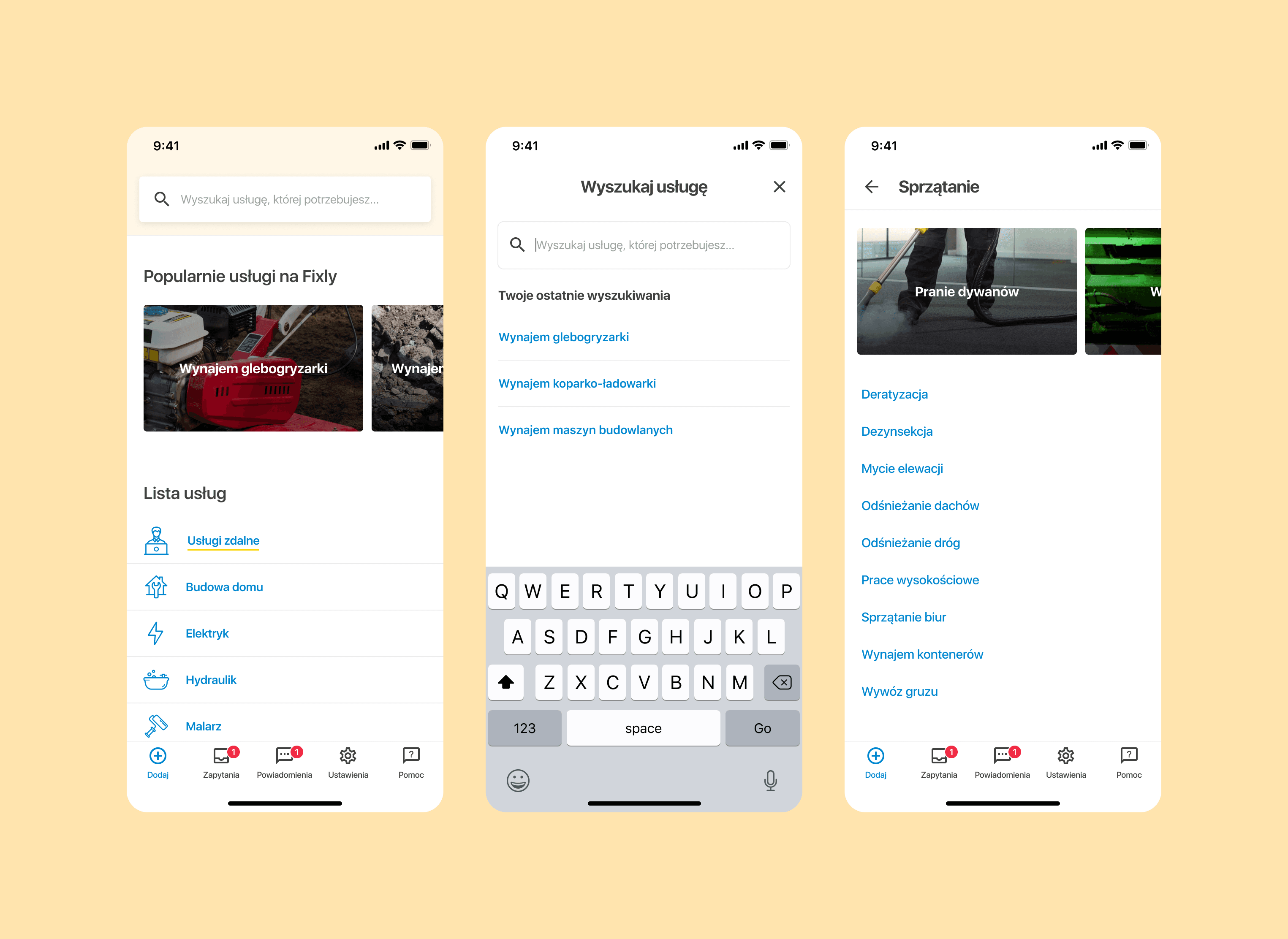 Fixly customer application — service list and search